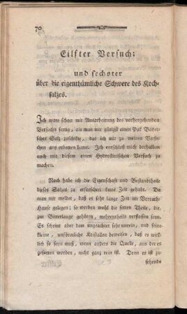 Eilfter Versuch; und sechster über die eigenthümliche Schwere des Kochsalzes.
