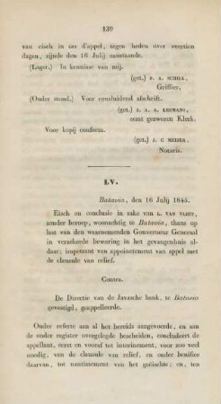 LV. Batavia, den 16 Julij 1845. Eisch en conclusie in zake van L. van Vliet,...