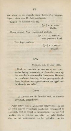LV. Batavia, den 16 Julij 1845. Eisch en conclusie in zake van L. van Vliet,...