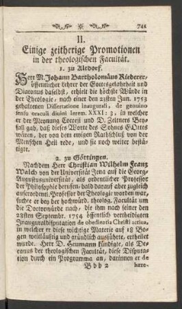 II. Einige zeitherige Promotionen in der theologischen Facultät