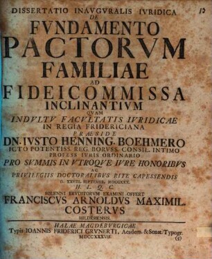 Diss. inaug. iur. de fundamento pactorum familiae ad fideicommissa inclinantium