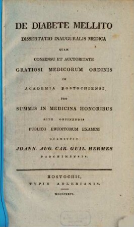 De Diabete mellito : dissertatio inauguralis medica