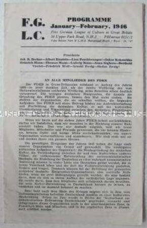 Programm der Veranstaltungen des Freien Deutschen Kulturbundes in Großbritannien für Januar/Februar 1946, im Vorsatz Text eines Rundschreiben zur Auflösung des Bundes zum 1. Mai 1946