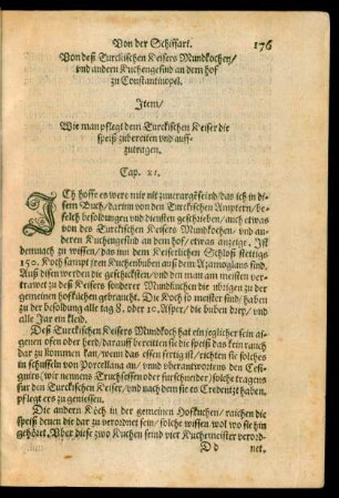 Von deß Turckischen Keisers Mundkochen/ und andern Kuchengesind an dem hof zu Constantinopel ... Cap. XI.