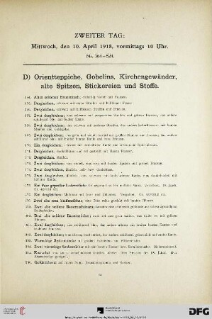 D) Orientteppiche, Gobelins, Kirchengewänder, alte Spitzen, Stickereien und Stoffe (Nr. 364-524)