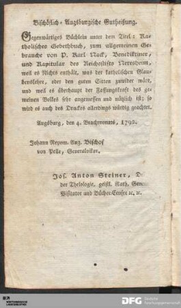 Bischöflich-Augsburgische Gutheißung.