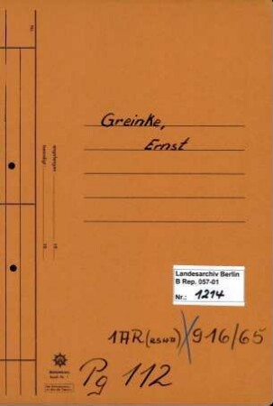 Personenheft Ernst Greinke (*09.08.1895), Kriminalsekretär