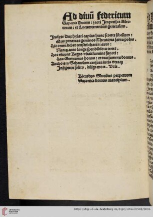 Ad diuū Federicum Saxonie Ducem : sacri Imperij et Electorem : et Locumtenentem generalem