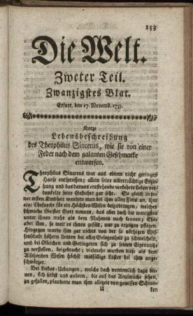 Zwanzigstes Blat. Erfurt, den 17. Novemb. 1753.