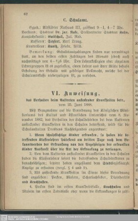 VI. Anweisung, das Verhalten beim Auftreten ansteckender Krankheiten betreffend