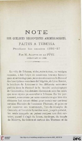 Sér. 3: Note sur quelques découvertes archéologiques, faites à Tébessa pendant les années 1886 - 1887