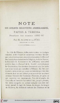 Sér. 3: Note sur quelques découvertes archéologiques, faites à Tébessa pendant les années 1886 - 1887