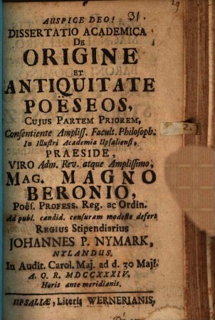Diss. acad. de origine et antiquitate poeseos