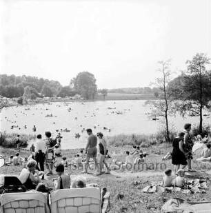 Großensee: Südufer: vorn Liegewiese mit Badegästen auf Stühlen und Decken: dahinter Badende im See: im Hintergrund Campingplatz und Wald