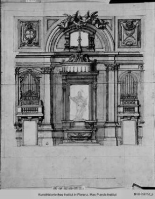 Aufriss einer Kapelle mit Baldachin und einer Papststatue