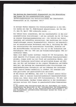 Der Beitrag der Gewerkschaft Wissenschaft bei der Entwicklung von Frauen für die wissenschaftliche Arbeit : Erfahrungsaustausch des Zentralvorstandes der Gewerkschaft Wissenschaft am 22.09.1981
