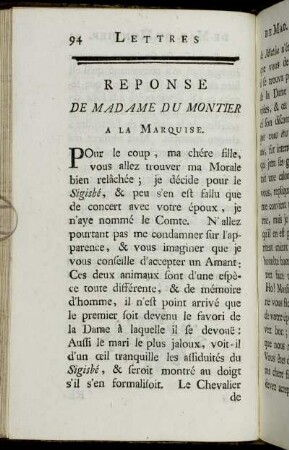 Reponse De Madame Du Montier A La Marquise. - Reponse A La Précédente.