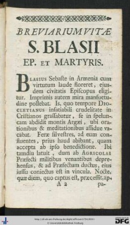 Breviarium Vitae S. Blasii Ep. et Martyris.
