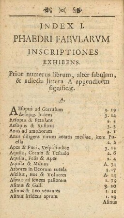 Index I. Phaedri Fabvlarvm Inscriptiones Exhibens