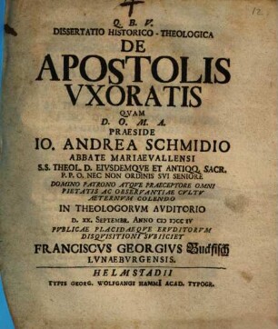 Dissertatio Historico-Theologica De Apostolis Vxoratis