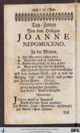 Tag-Zeiten von dem Heiligen Joanne Nepomuceno.