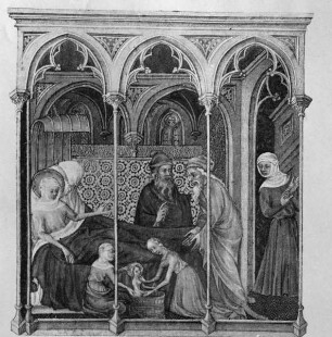 Grandes Heures des Herzogs von Berry — Textseite mit der Geburt Mariä, Folio 28 recto — Kleinbild, 8-zeilig: Geburt Mariä, Folio 28 recto