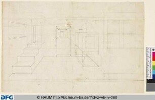 Zentralperspektivische Zeichnung eines Innenraumes mit Fenstern, Türen und Treppen