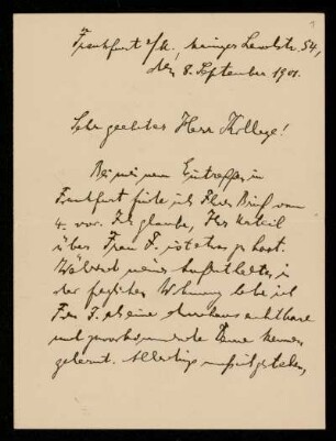 Brief von Ludwig Sinzheimer an Karl Schwarzschild, Frankfurt am Main, 8.9.1901