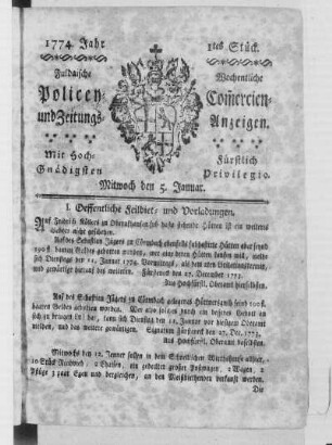 1tes Stück, Ausgabe vom 05. Januar 1774