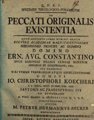 Specimen theologico-polemicum de peccati originalis existentia