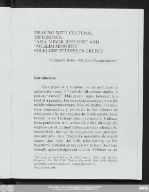 Dealing With Cultural Difference: "Asia Minor Refugee" And "Muslim Minority" Folklore Studies In Greece