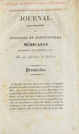 Journal Des Progrès Des Sciences Et Institutions Médicales En Europe, En Amérique, Etc.; Par une Association de Médecins