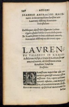 Laurentii Vallensis In XXXIII. Fabularum Aesopi, e Graeco in Latinum sermonem tralatarum, ad clarißimum virum Renaldum Fonalcdae ...