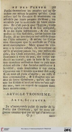 Article troisième: Arts, sciences
