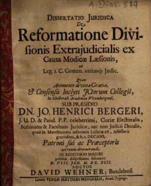 Dissertatio iuridica de reformatione divisionis extraiudicialis ex causa modicae laesionis