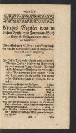 Kurtzes Register was in diesem Epistel und Formular-Buch zu finden ist/ fleissig nach den Blättern verzeichnet.