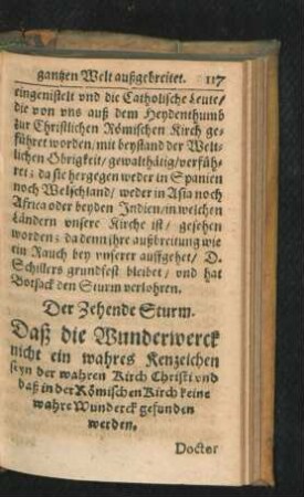 Der Zehende Sturm. Daß die Wunderwerck nicht ein wahres Kenzeichen seyn der wahren Kirch Christi ...
