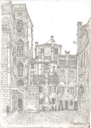 Wach, Hugo; Venedig (Italien); "Zeichnerisches Porträt der Lagunenstadt" bzw. "ein architektonisches Porträt in Lithographien" Vorzeichnungen - Campo Pisani (Perspektive)