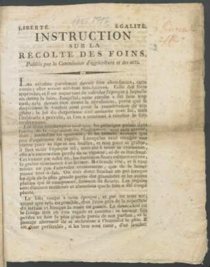 Instruction Sur La Récolte Des Foins, Publiée par la Commission d'agriculture et des arts : [... Du 9. Prairial l'an 2. de la République franc̜aise, une et indivisible]