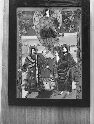 Szene mit Erzengel Michael, dem Heiligen Stephanus und Johannes dem Täufer