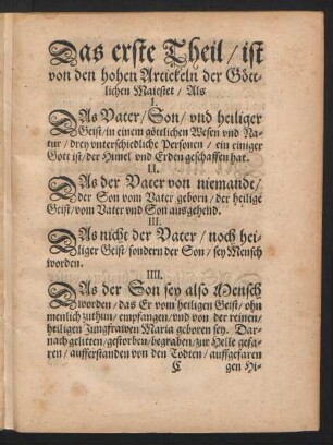 Das erste Theil/ ist von den hohen Artickeln der Göttlichen Maiestet ...