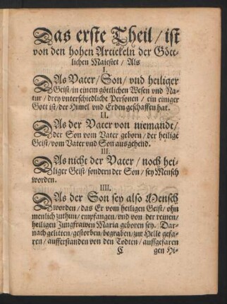 Das erste Theil/ ist von den hohen Artickeln der Göttlichen Maiestet ...