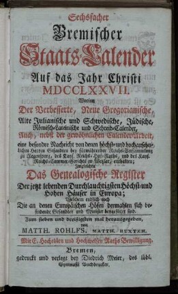 1777: Sechsfacher Bremischer Staats-Calender