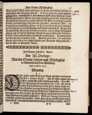 Die III. Predigt/ Von der Seelen Hoheit und Würdigkeit in Betrachtung ihrer Erlösung.