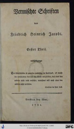 Theil 1: Vermischte Schriften