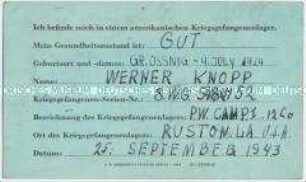 Vordruck-Postkarte eines deutschen Kriegsgefangenen aus dem Kriegsgefangenenlager Camp Ruston (Louisiana) an seine Familie mit der Nachricht über seine Aufenthaltsort - Personenkonvolut