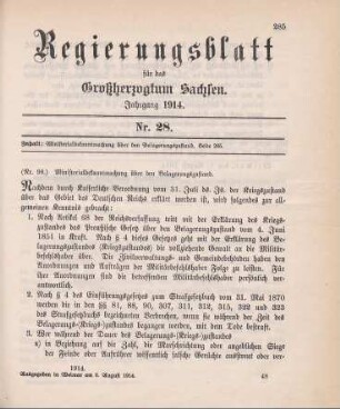 Nr. 98: Ministerialbekanntmachung über den Belagerungszustand