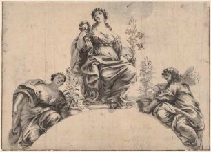 Drei Frauen auf einem Bogen sitzend (Drei Frauen mit Blumen auf einer Lünette)