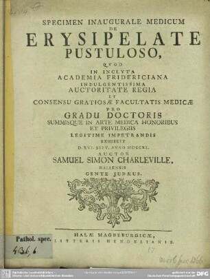 Specimen Inaugurale Medicum De Erysipelate Pustuloso