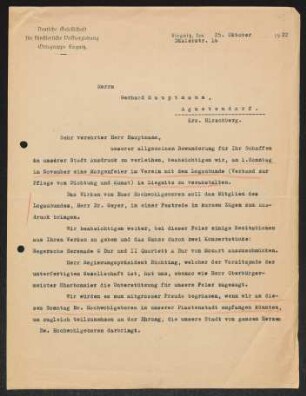 Brief von Unbekannt von Deutsche Gesellschaft für künstlerische Volkserziehung  an Gerhart Hauptmann